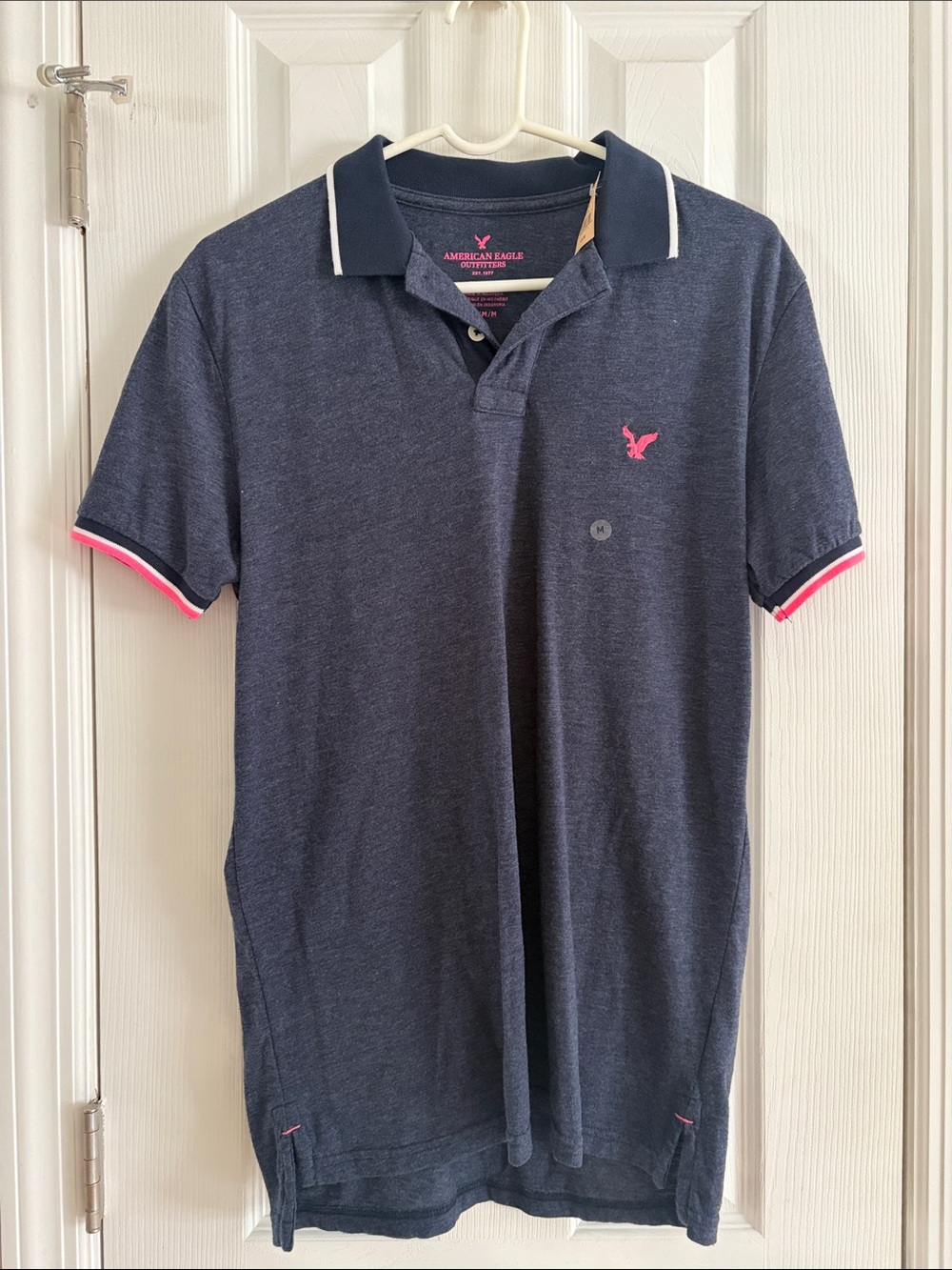 American Eagle Outfitters Men’s Navy Polo with Pink Details